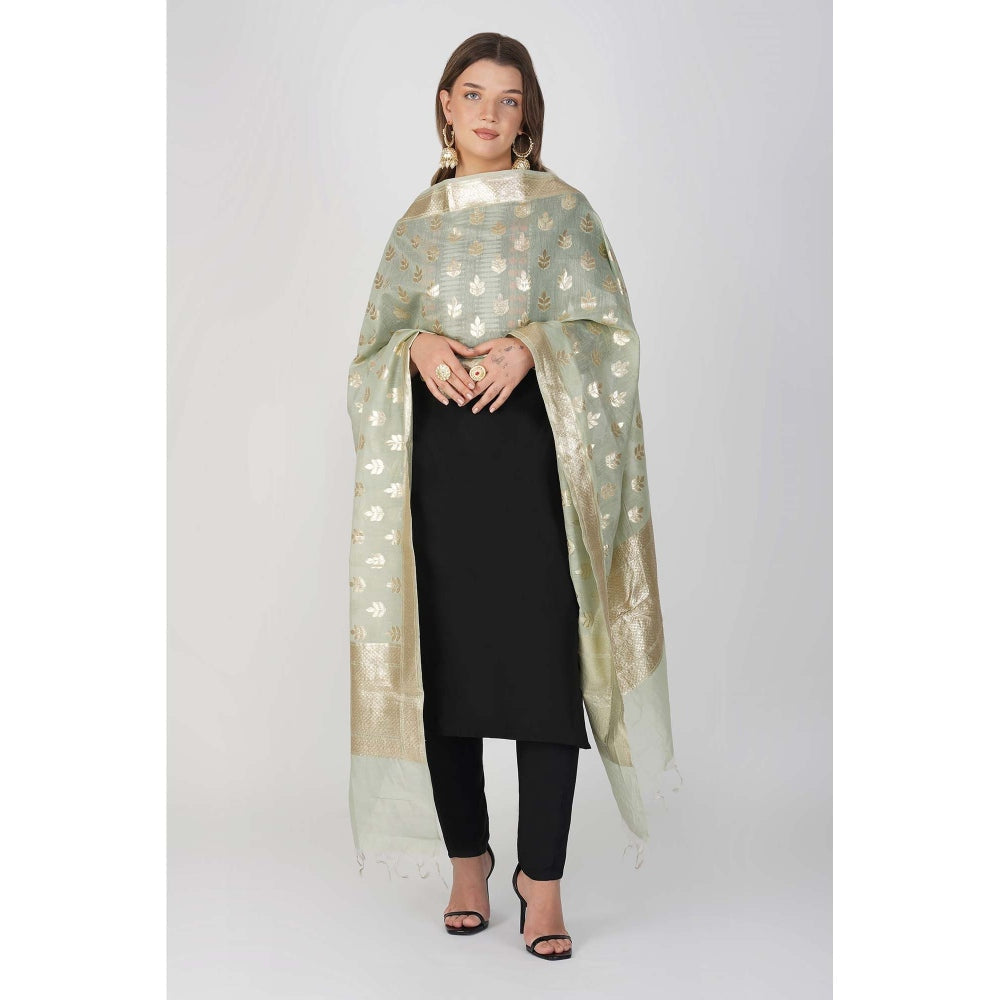 Zal from Benaras Sage Green Pure Linen Banarasi Handloom Dupatta