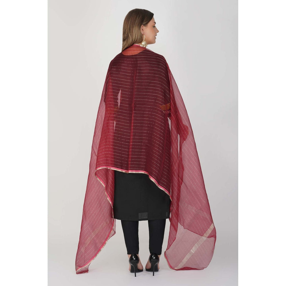 Zal from Benaras Maroon Zari Lining Pure Organza Silk Banarasi Handloom Dupatta