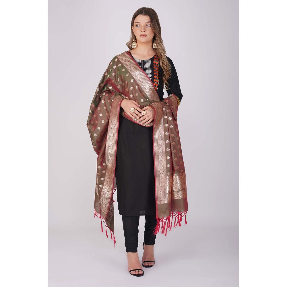 Zal from Benaras Olive Pure Silk Banarasi Handloom Saree without Blouse