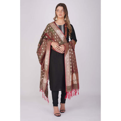 Zal from Benaras Olive Pure Silk Banarasi Handloom Saree without Blouse