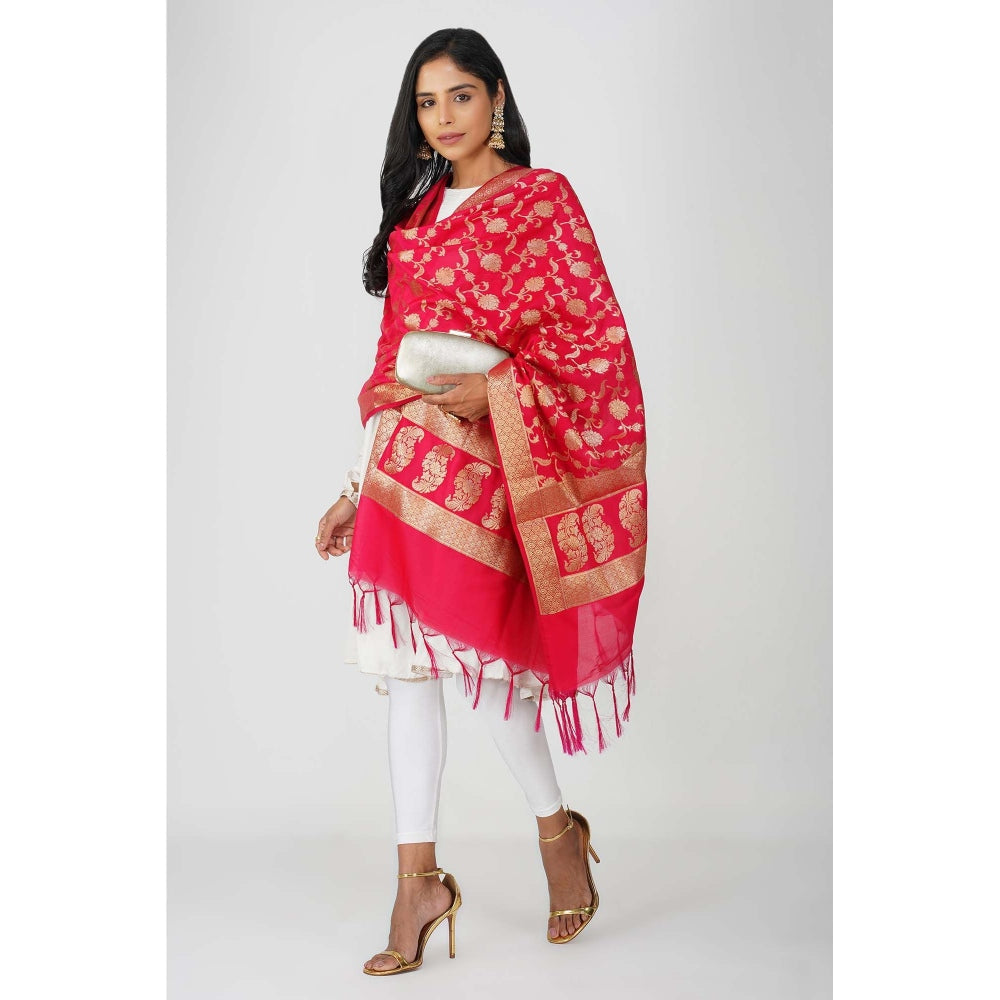 Zal from Benaras Pink Pure Silk Banarasi Jangle Work Handloom Dupatta