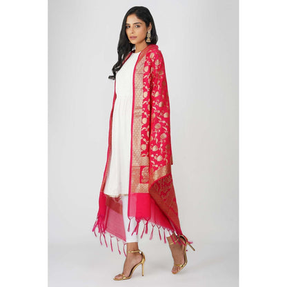 Zal from Benaras Pink Pure Silk Banarasi Jangle Work Handloom Dupatta