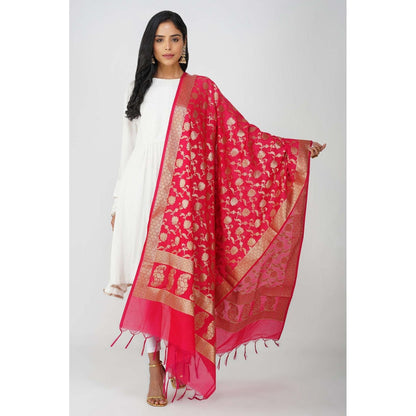 Zal from Benaras Pink Pure Silk Banarasi Jangle Work Handloom Dupatta