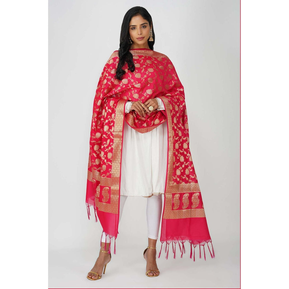 Zal from Benaras Pink Pure Silk Banarasi Jangle Work Handloom Dupatta