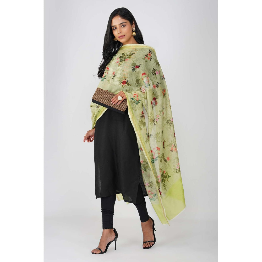 Zal from Benaras Green Pure Silk Floral Print Banarasi Handloom Dupatta