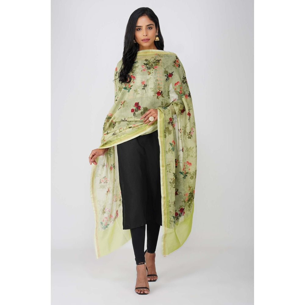 Zal from Benaras Green Pure Silk Floral Print Banarasi Handloom Dupatta