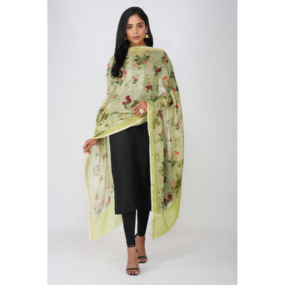 Zal from Benaras Green Pure Silk Floral Print Banarasi Handloom Dupatta