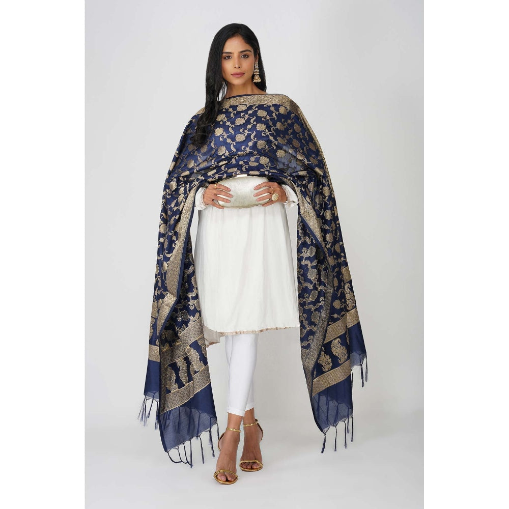 Zal from Benaras Dark Blue Pure Silk Banarasi Jangle Work Handloom Dupatta