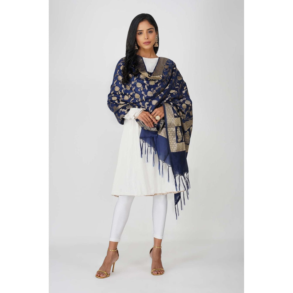 Zal from Benaras Dark Blue Pure Silk Banarasi Jangle Work Handloom Dupatta