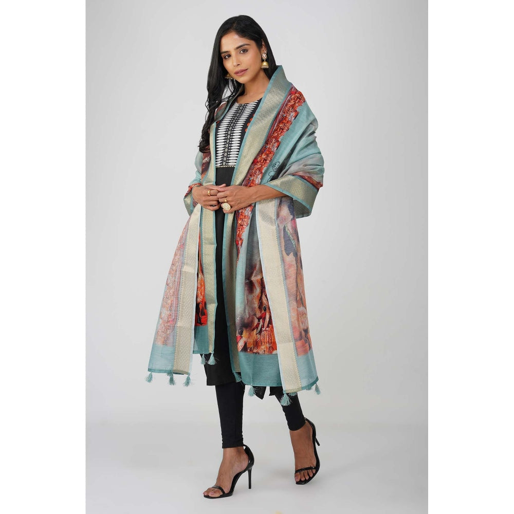 Zal from Benaras Blue Kashi Ghat Printed Pink Pure Silk Banarasi Handloom Dupatta