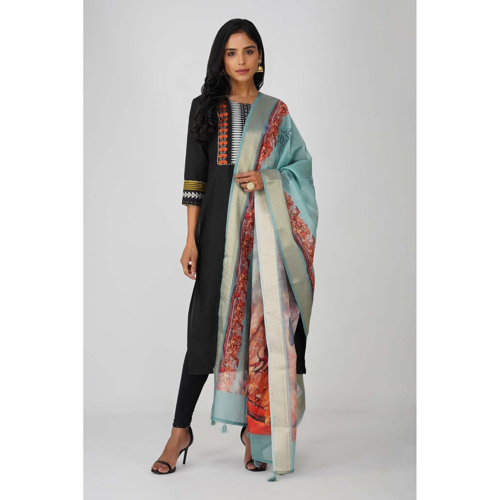 Zal from Benaras Blue Kashi Ghat Printed Pink Pure Silk Banarasi Handloom Dupatta