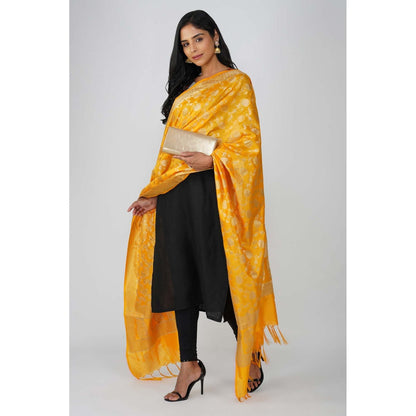 Zal from Benaras Yellow Pure Silk Banarasi Jangle Work Handloom Dupatta