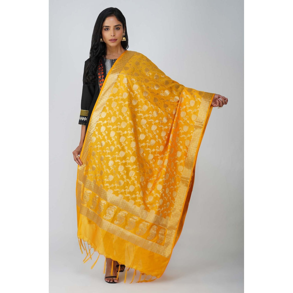 Zal from Benaras Yellow Pure Silk Banarasi Jangle Work Handloom Dupatta