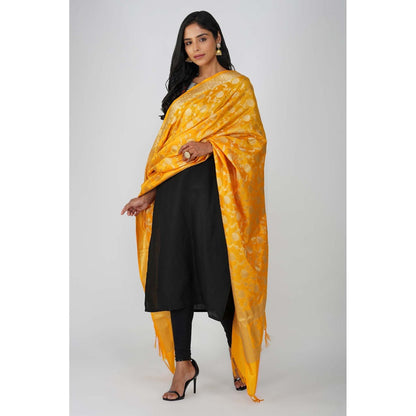 Zal from Benaras Yellow Pure Silk Banarasi Jangle Work Handloom Dupatta