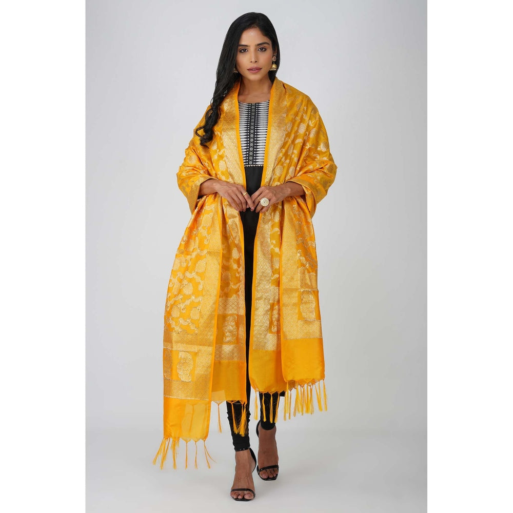 Zal from Benaras Yellow Pure Silk Banarasi Jangle Work Handloom Dupatta