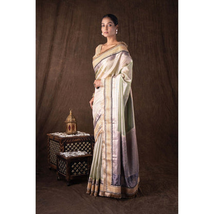 Zal from Benaras Pastel Green Pure Tissue Silk Banarasi Handwork Saree without Blouse