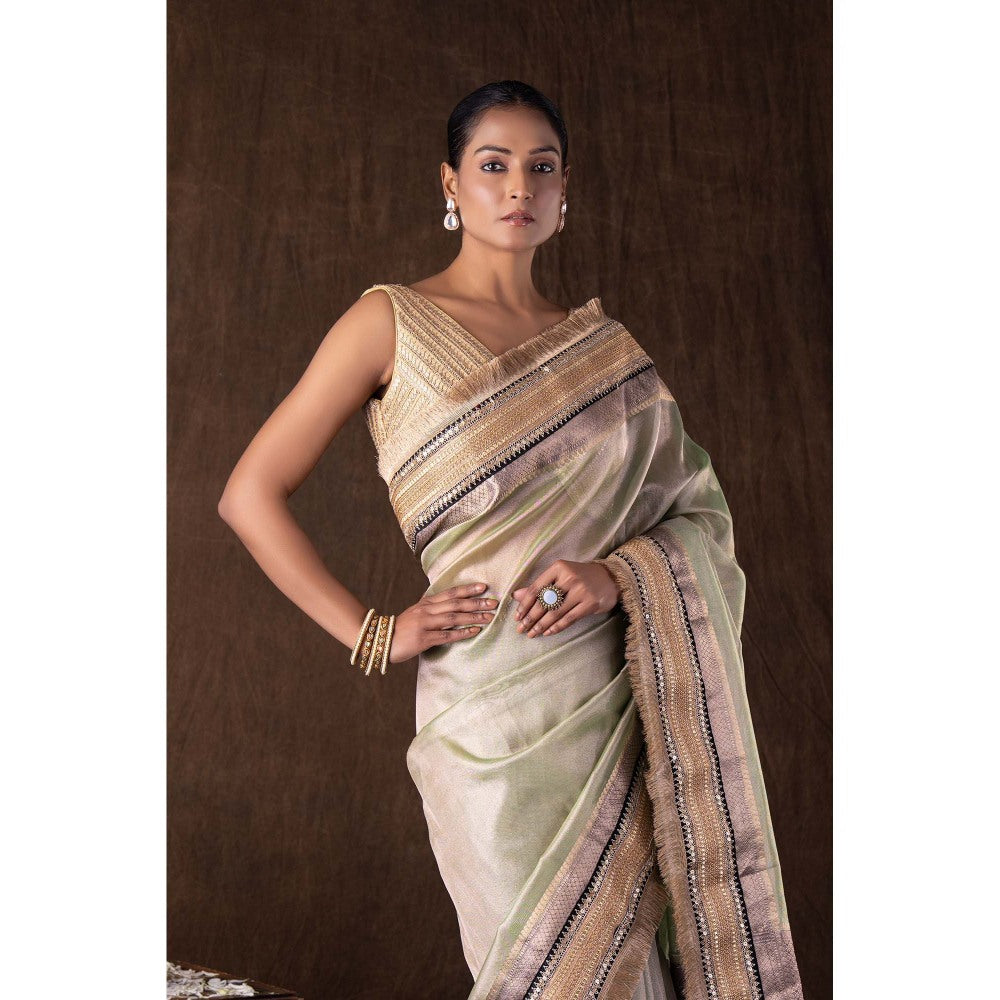 Zal from Benaras Pastel Green Pure Tissue Silk Banarasi Handwork Saree without Blouse