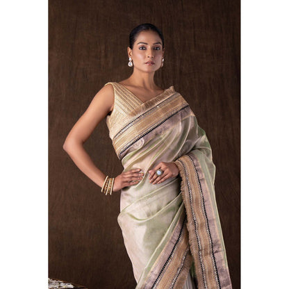 Zal from Benaras Pastel Green Pure Tissue Silk Banarasi Handwork Saree without Blouse