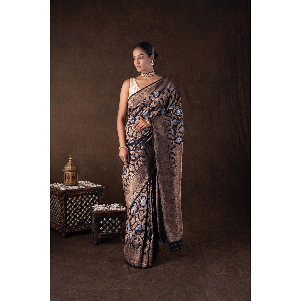 Zal from Benaras Black Pure Katan Silk Banarasi Handloom Saree without Blouse