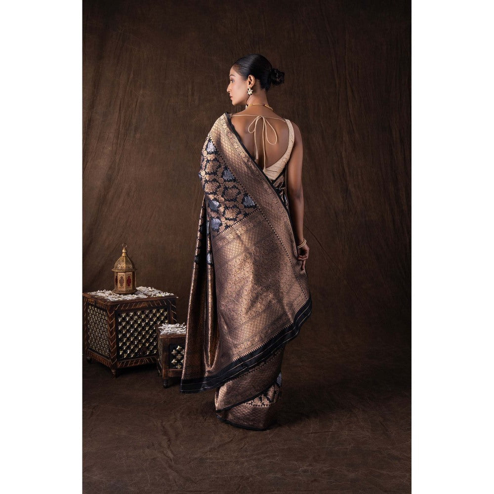 Zal from Benaras Black Pure Katan Silk Banarasi Handloom Saree without Blouse