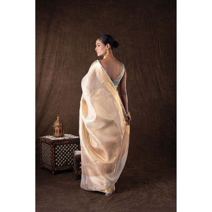 Zal from Benaras Golden Pure Katan Silk Banarasi Handloom Saree without Blouse