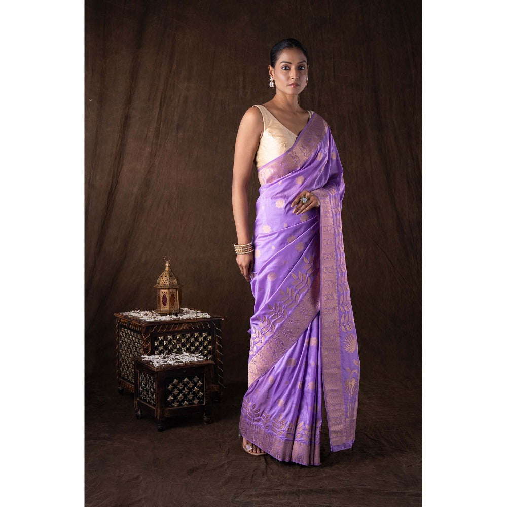 Zal from Benaras Lavender Pure Monga Silk Banarasi Handloom Saree without Blouse