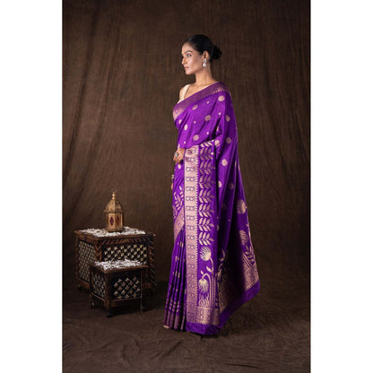 Zal from Benaras Purple Pure Monga Silk Banarasi Handloom Saree without Blouse