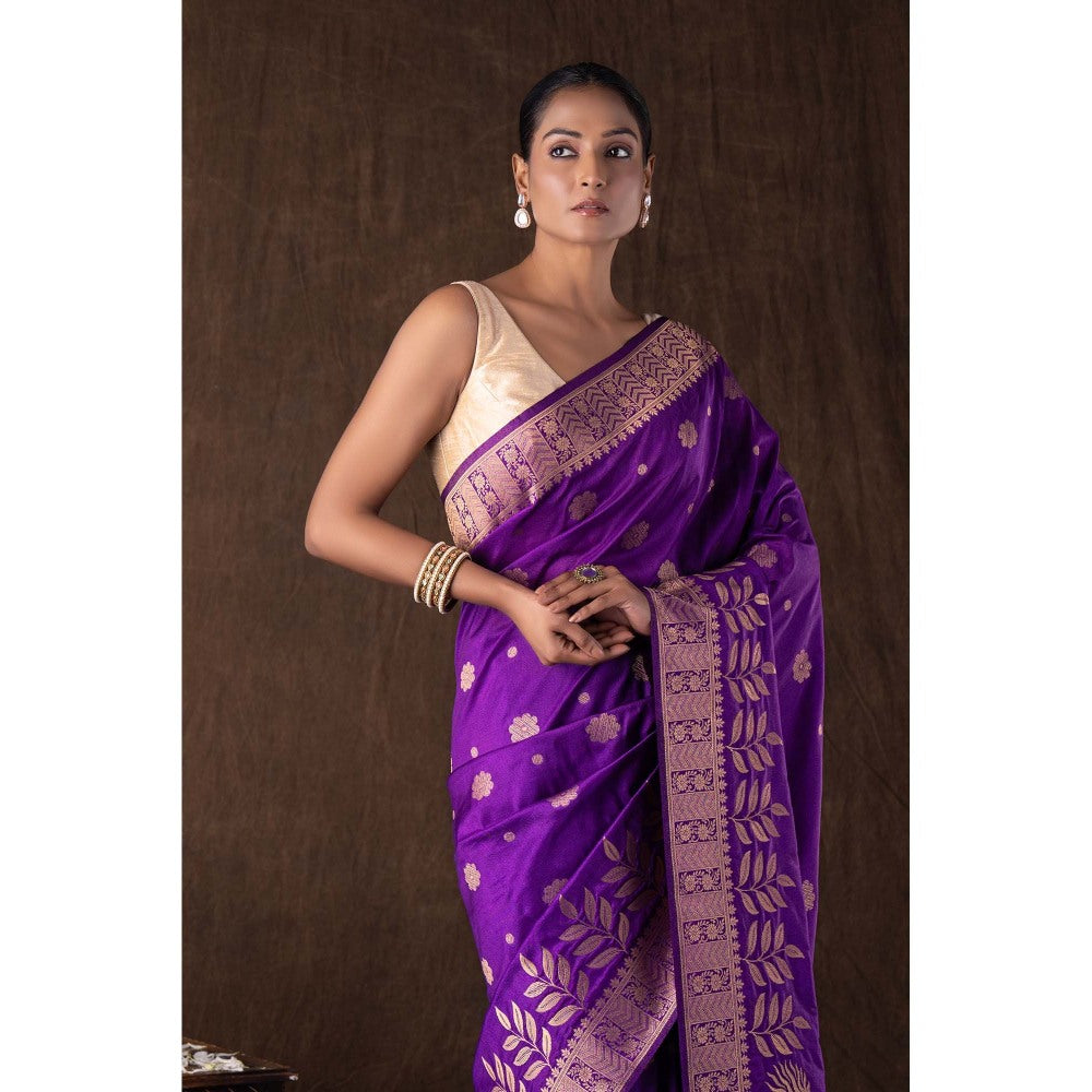 Zal from Benaras Purple Pure Monga Silk Banarasi Handloom Saree without Blouse