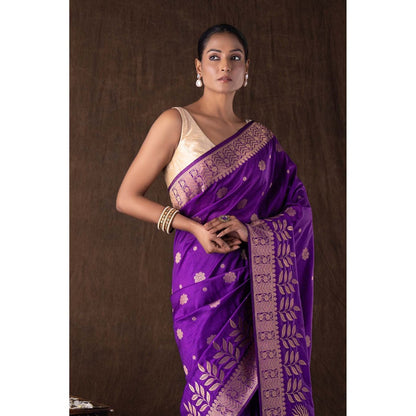 Zal from Benaras Purple Pure Monga Silk Banarasi Handloom Saree without Blouse
