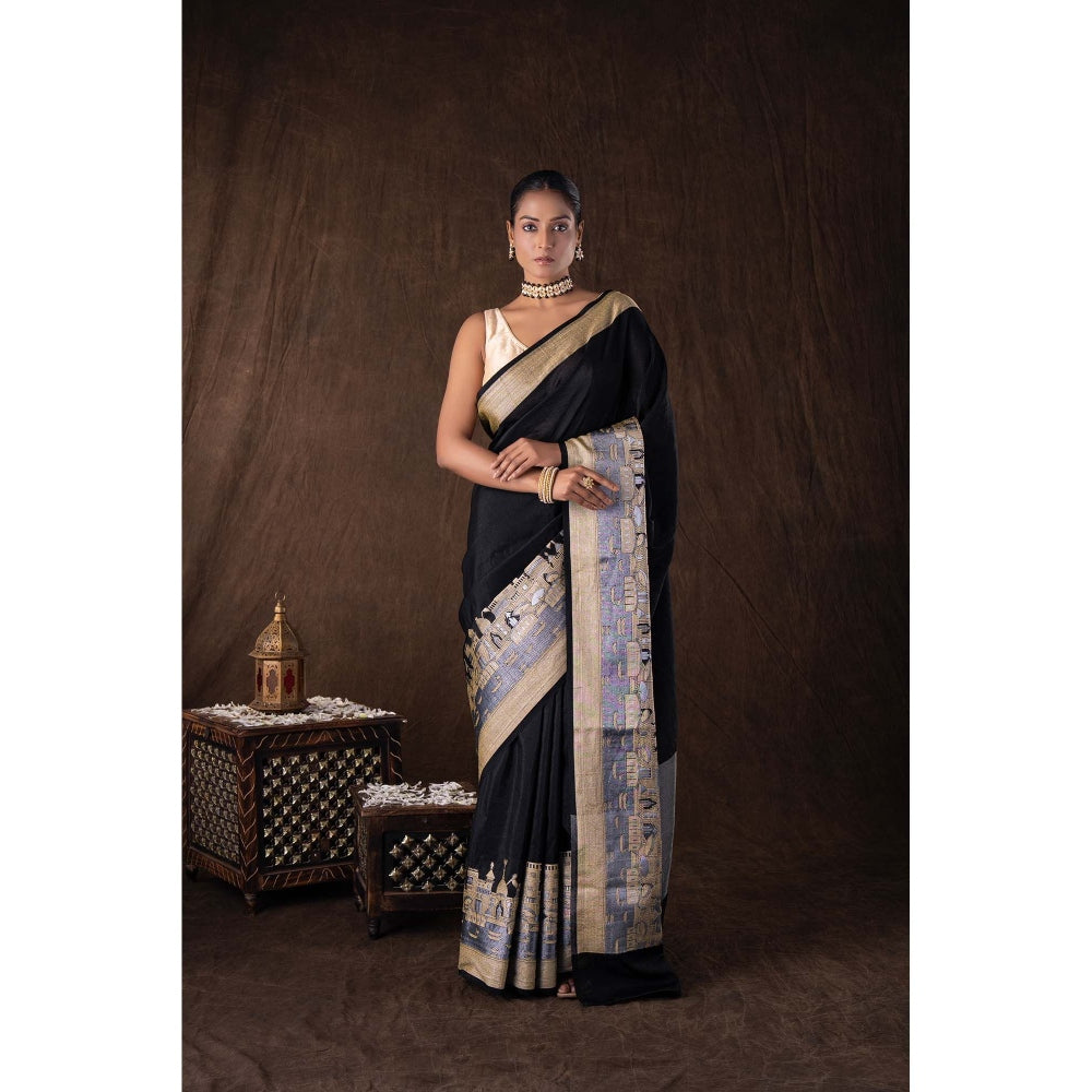 Zal from Benaras Black Kashi Pure Silk Banarasi Handloom Saree without Blouse