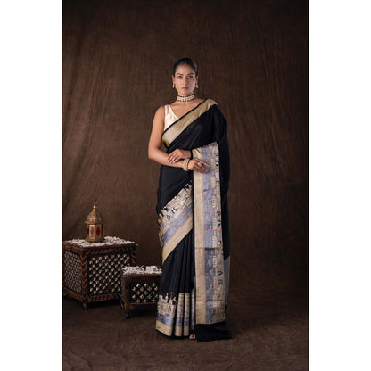 Zal from Benaras Black Kashi Pure Silk Banarasi Handloom Saree without Blouse
