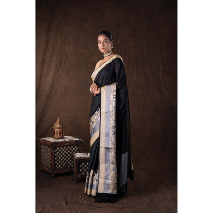 Zal from Benaras Black Kashi Pure Silk Banarasi Handloom Saree without Blouse