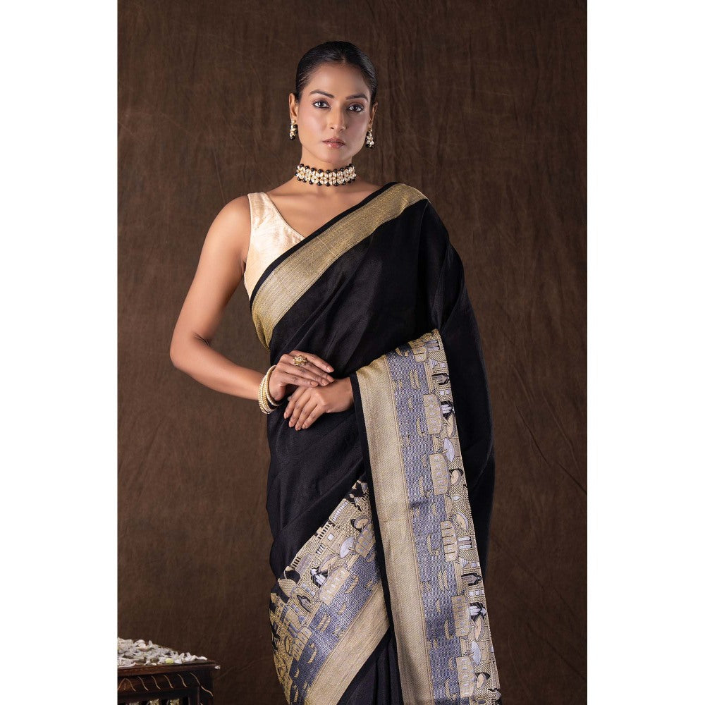 Zal from Benaras Black Kashi Pure Silk Banarasi Handloom Saree without Blouse