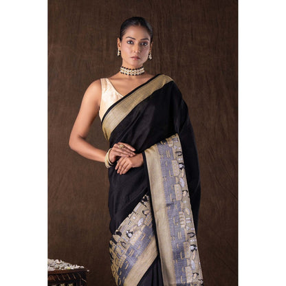 Zal from Benaras Black Kashi Pure Silk Banarasi Handloom Saree without Blouse