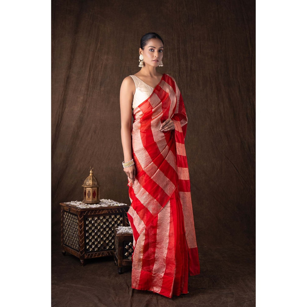 Zal from Benaras Red Zari Stripe Moonga Tissue Silk Banarasi Handloom Saree without Blouse