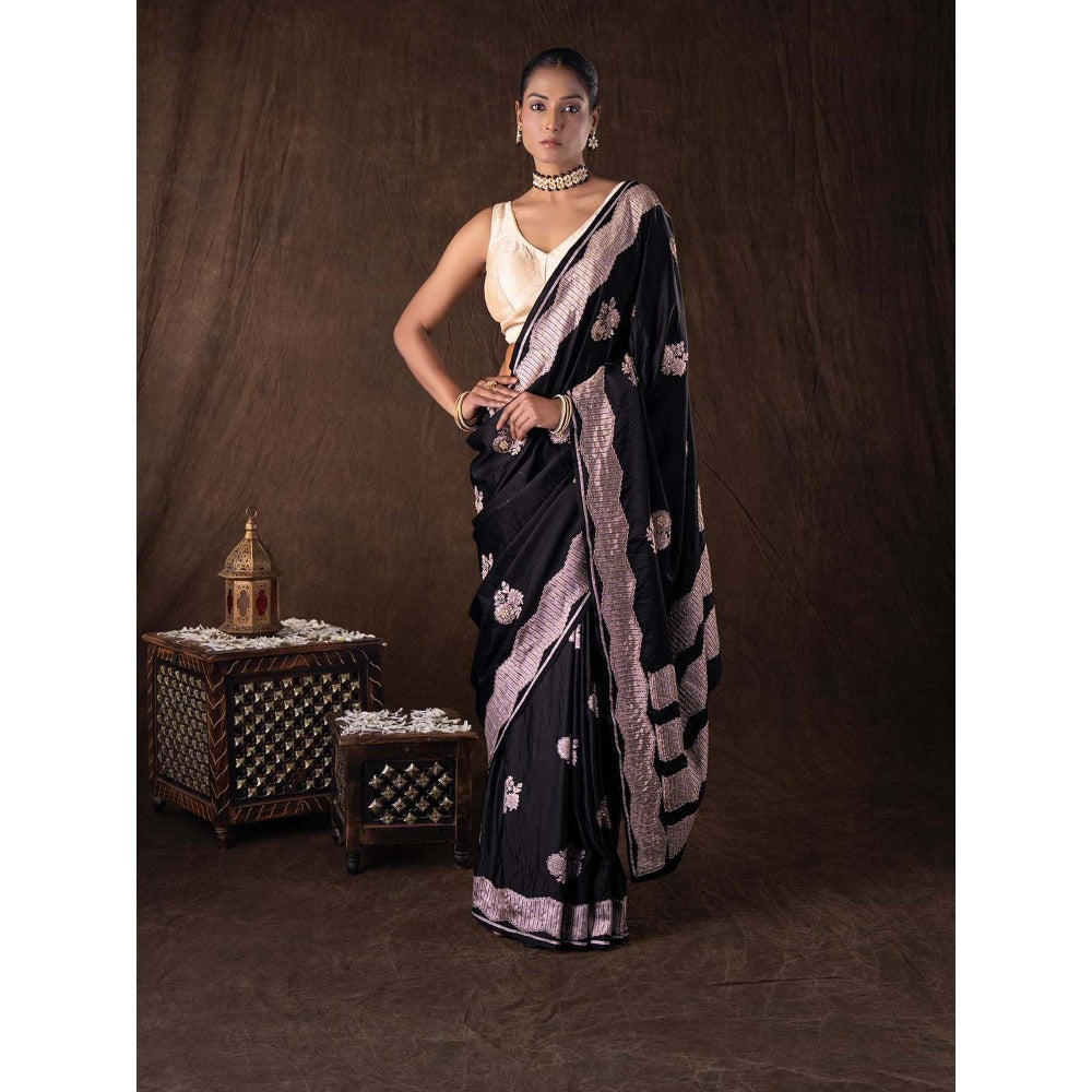 Zal from Benaras Black Pure Katan Silk Handwork Saree without Blouse