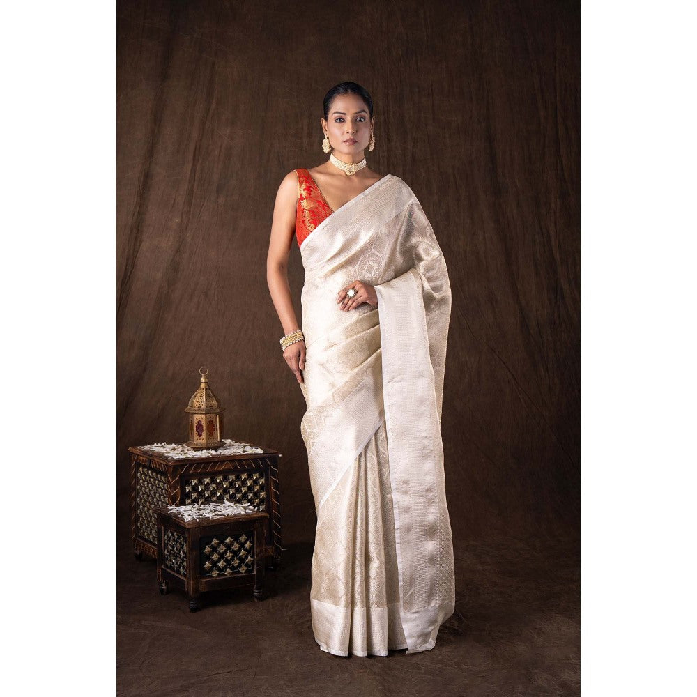 Zal from Benaras White Pure Katan Silk Brocade Banarasi Handloom Saree without Blouse