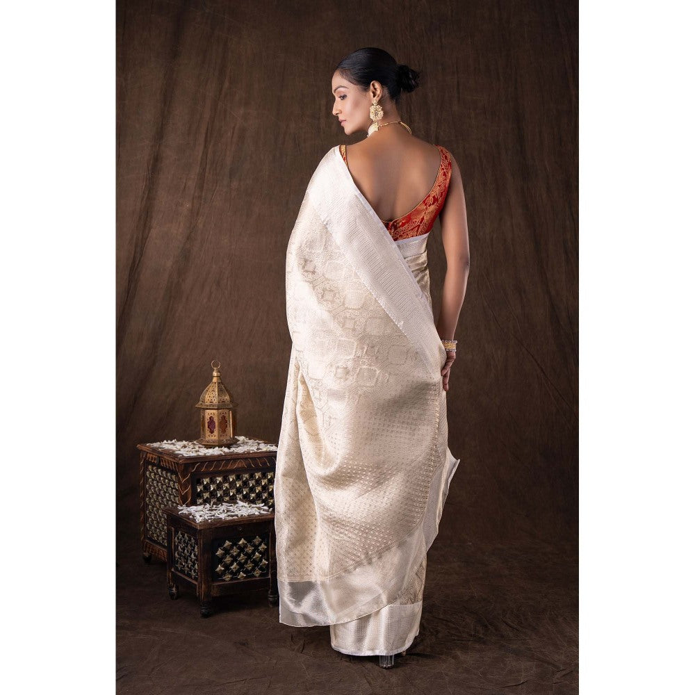 Zal from Benaras White Pure Katan Silk Brocade Banarasi Handloom Saree without Blouse