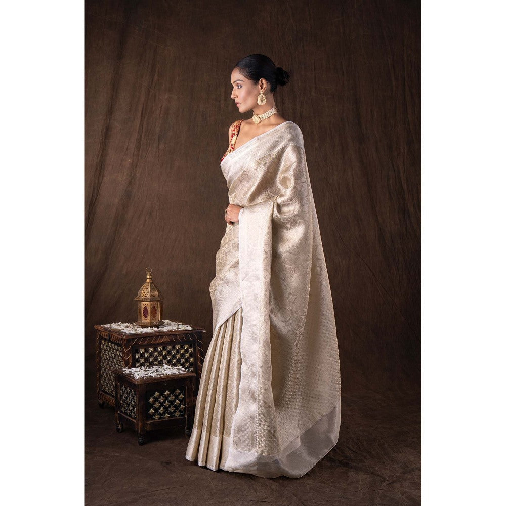 Zal from Benaras White Pure Katan Silk Brocade Banarasi Handloom Saree without Blouse