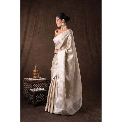 Zal from Benaras White Pure Katan Silk Brocade Banarasi Handloom Saree without Blouse