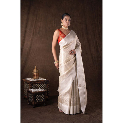 Zal from Benaras White Pure Katan Silk Brocade Banarasi Handloom Saree without Blouse