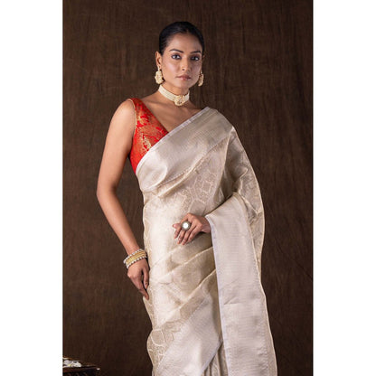Zal from Benaras White Pure Katan Silk Brocade Banarasi Handloom Saree without Blouse