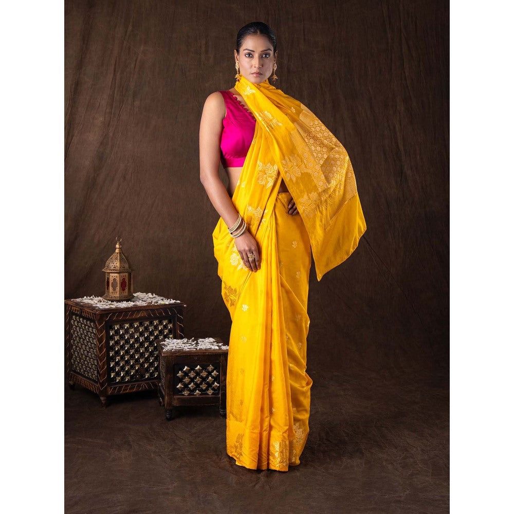 Zal from Benaras Yellow Pure Silk Raw Mango Zari Banarasi Handloom Saree without Blouse
