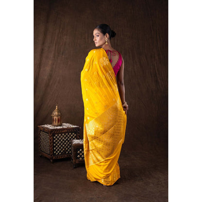 Zal from Benaras Yellow Pure Silk Raw Mango Zari Banarasi Handloom Saree without Blouse