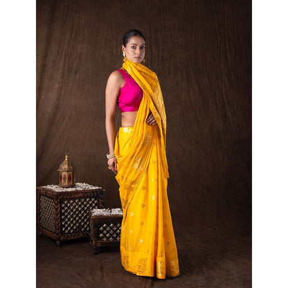 Zal from Benaras Yellow Pure Silk Raw Mango Zari Banarasi Handloom Saree without Blouse