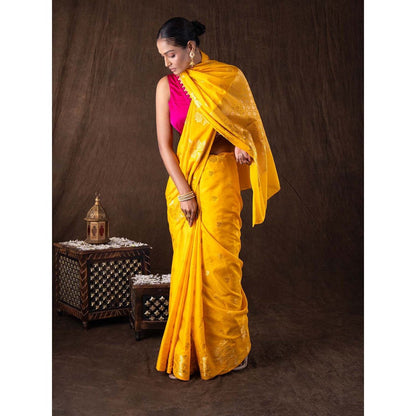 Zal from Benaras Yellow Pure Silk Raw Mango Zari Banarasi Handloom Saree without Blouse