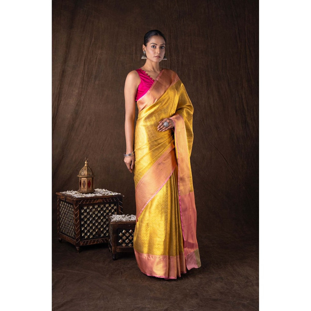 Zal from Benaras Golden Pure Silk Brocade Banarasi Handloom Saree without Blouse