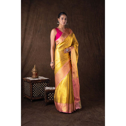 Zal from Benaras Golden Pure Silk Brocade Banarasi Handloom Saree without Blouse