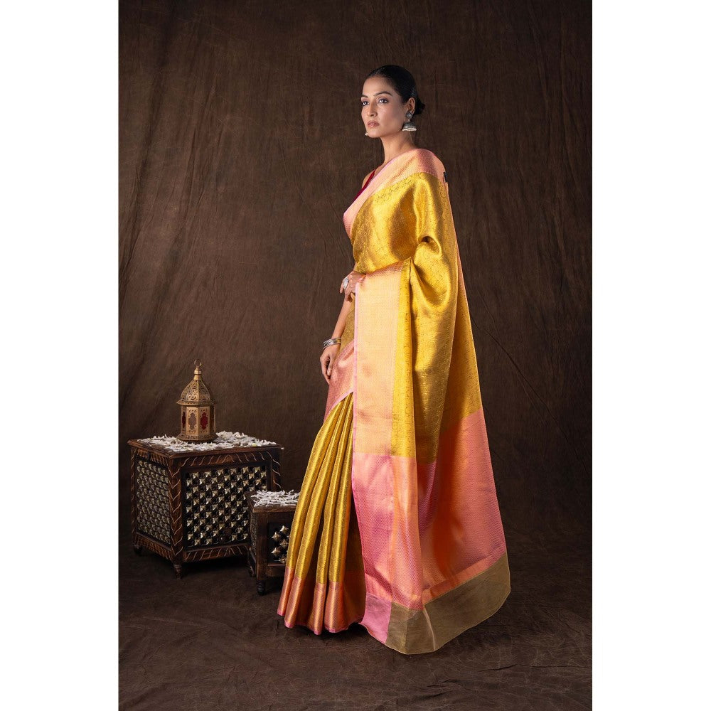 Zal from Benaras Golden Pure Silk Brocade Banarasi Handloom Saree without Blouse