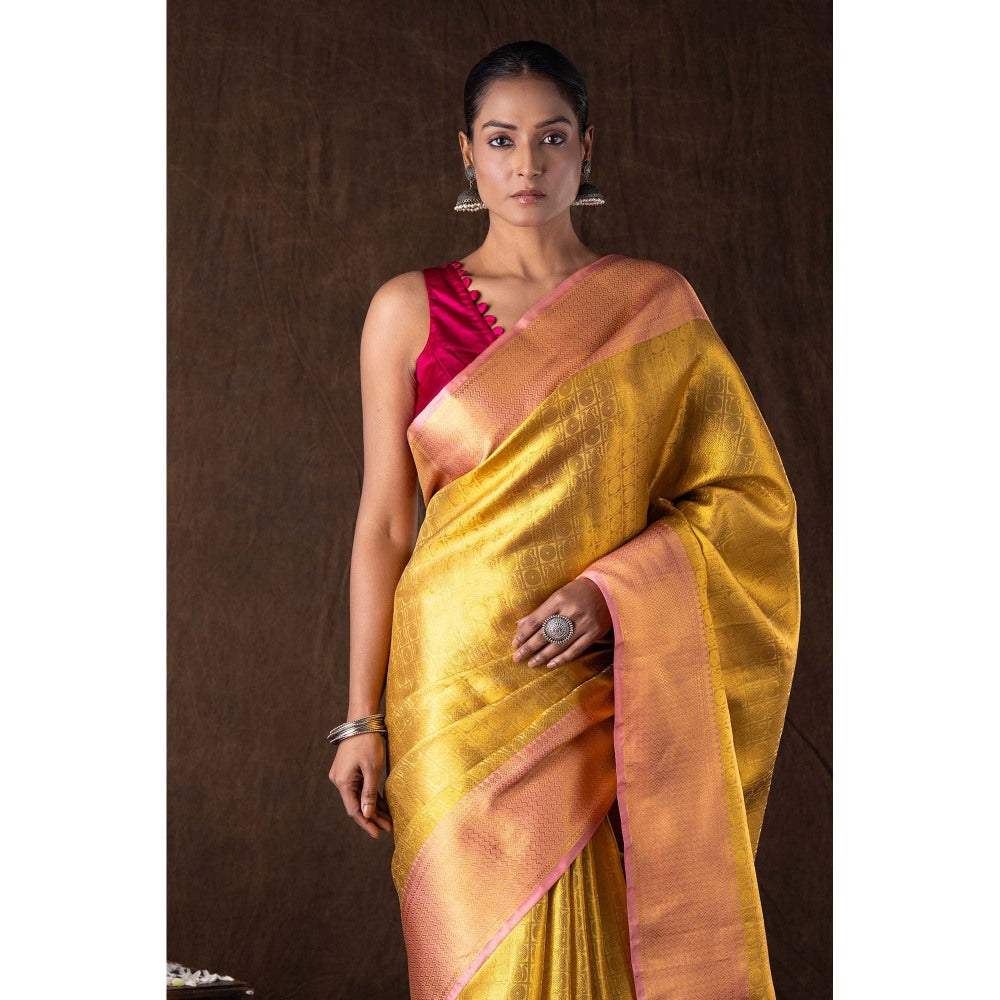 Zal from Benaras Golden Pure Silk Brocade Banarasi Handloom Saree without Blouse